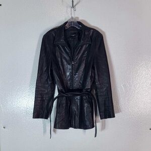 Colebrook & Co 100% Leather Jacket Women’s Large Black Tie Waist Full Zippered